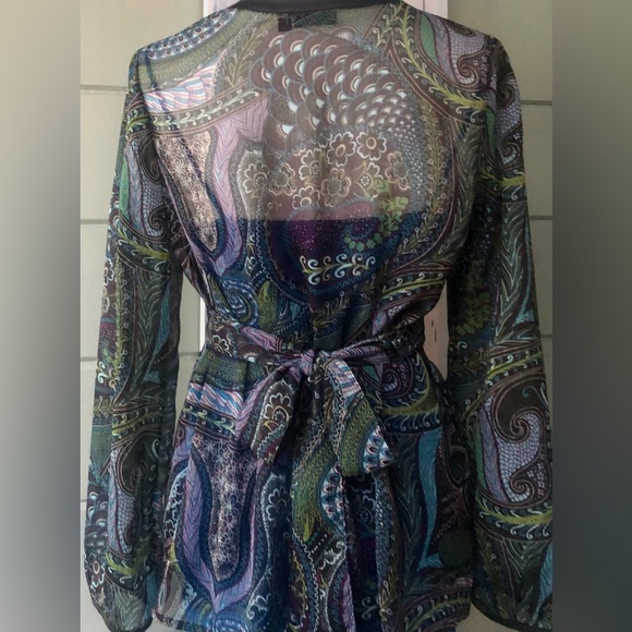 Colorful sheer long sleeve blouse plunging keyhole detail & smock waist w/ tie. - Picture 4 of 12